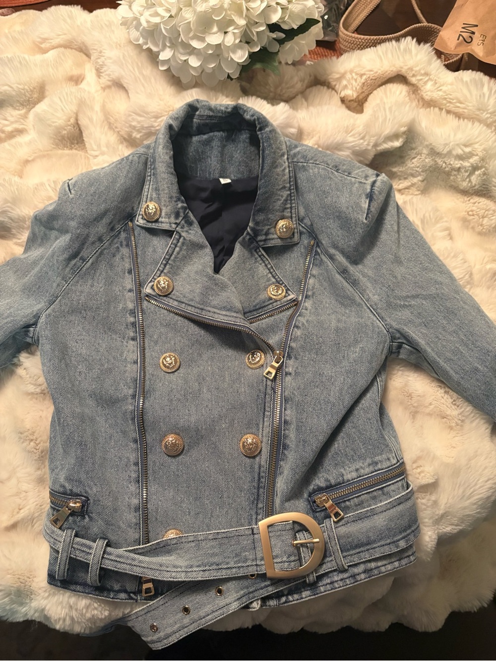 Designer style cropped Light Wash Double-Breasted Denim Moto Jacket with Belt